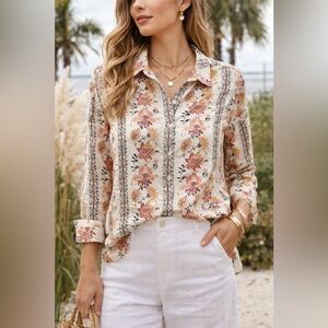 Spartina 449 Floral Button Down Blouse Boho Coastal 100% Linen Size M